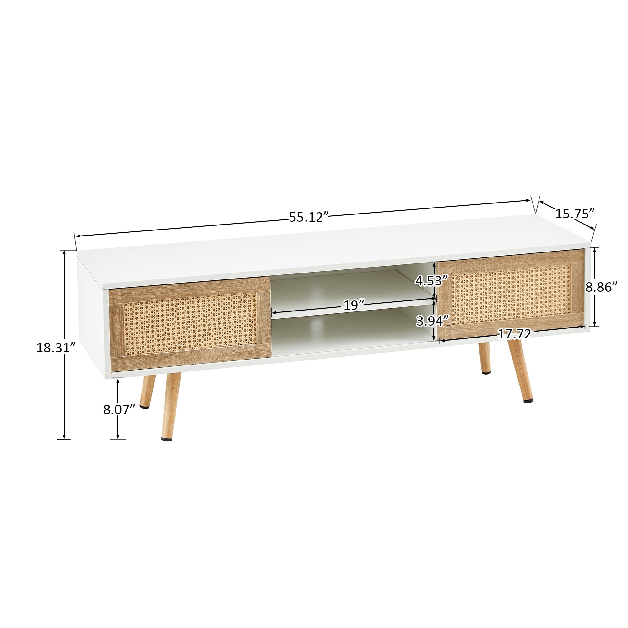 Leumius Modern Coffee Table with Storage,55 Inch Rectangle Wooden Accent Center Tables with Sliding PE Rattan Woven Door Panel and Solid Wood Legs, Suitable for Living Room, Apartment,White
