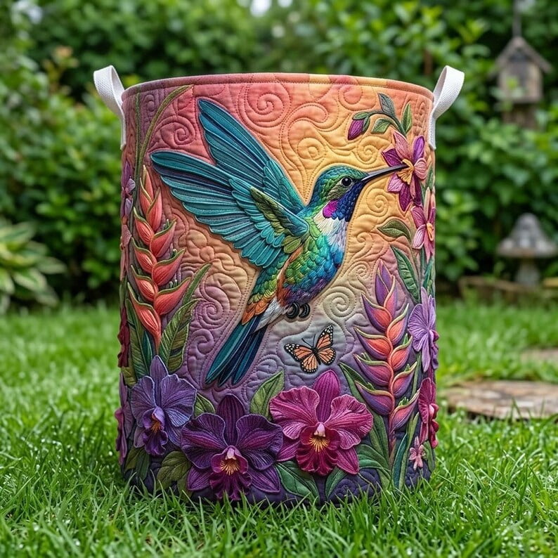 Hummingbird Charm Quilted Laundry Basket: Bird and Flower Field Hamper, Natural Lover Storage Bin