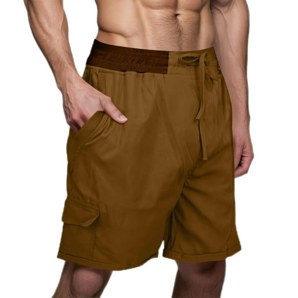 Pantalones Cortos de Carga de Cintura Elástica para Hombres Multi Bolsillo Imitación de Lino, Rodilla Longitud Cordón Deportes