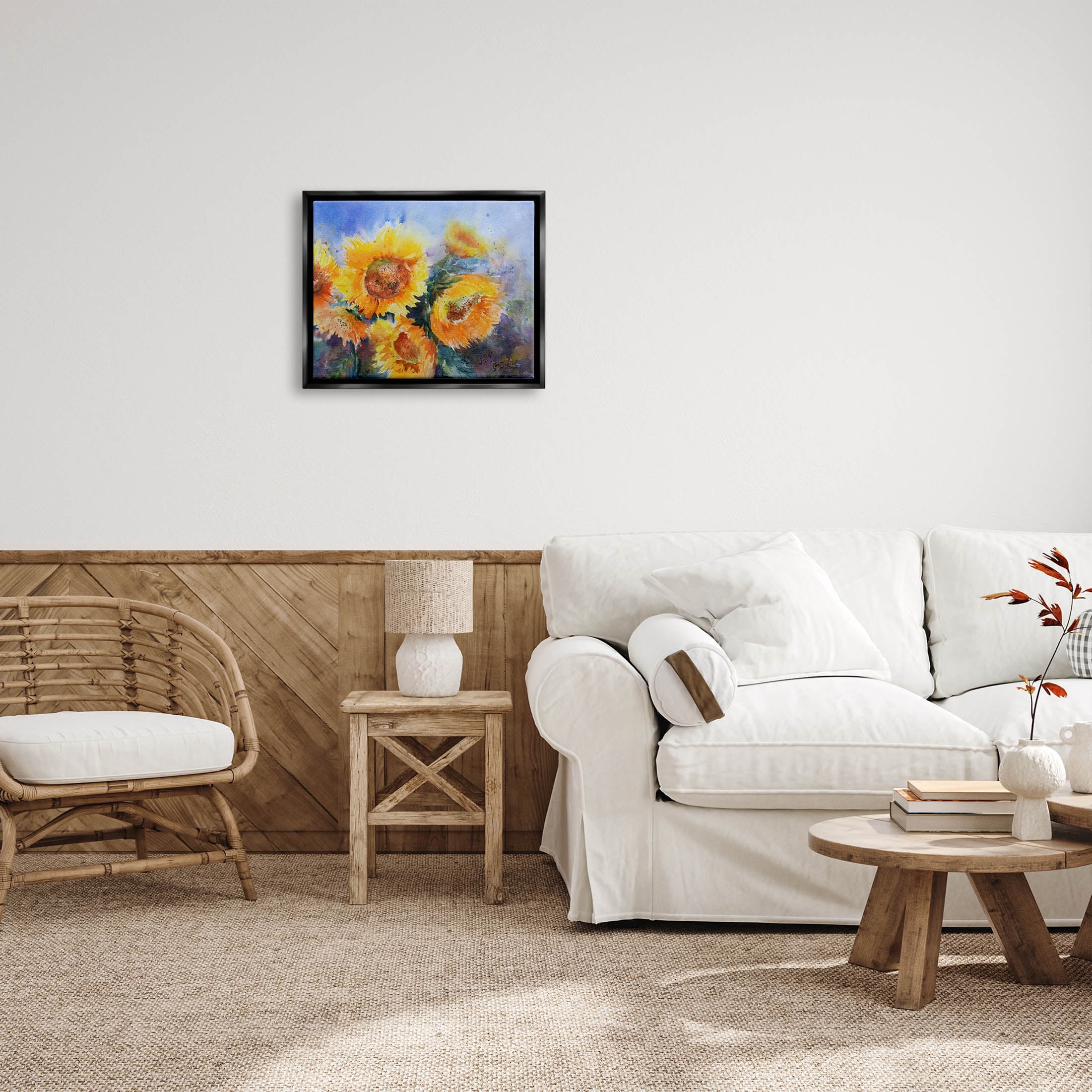 Stupell Industries Sunflower Meadow Under Blue Sky Modern Paint Speckles Graphic Art Jet Black Floating Framed Canvas Print Wall Art, Design by Karin Lind