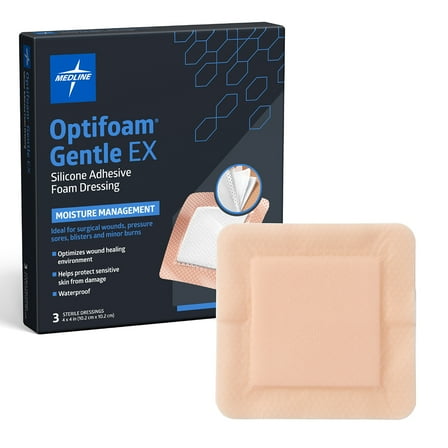 Medline Optifoam Gentle EX Silicone Adhesive Foam Dressing, 4” x 4”, 3 Count