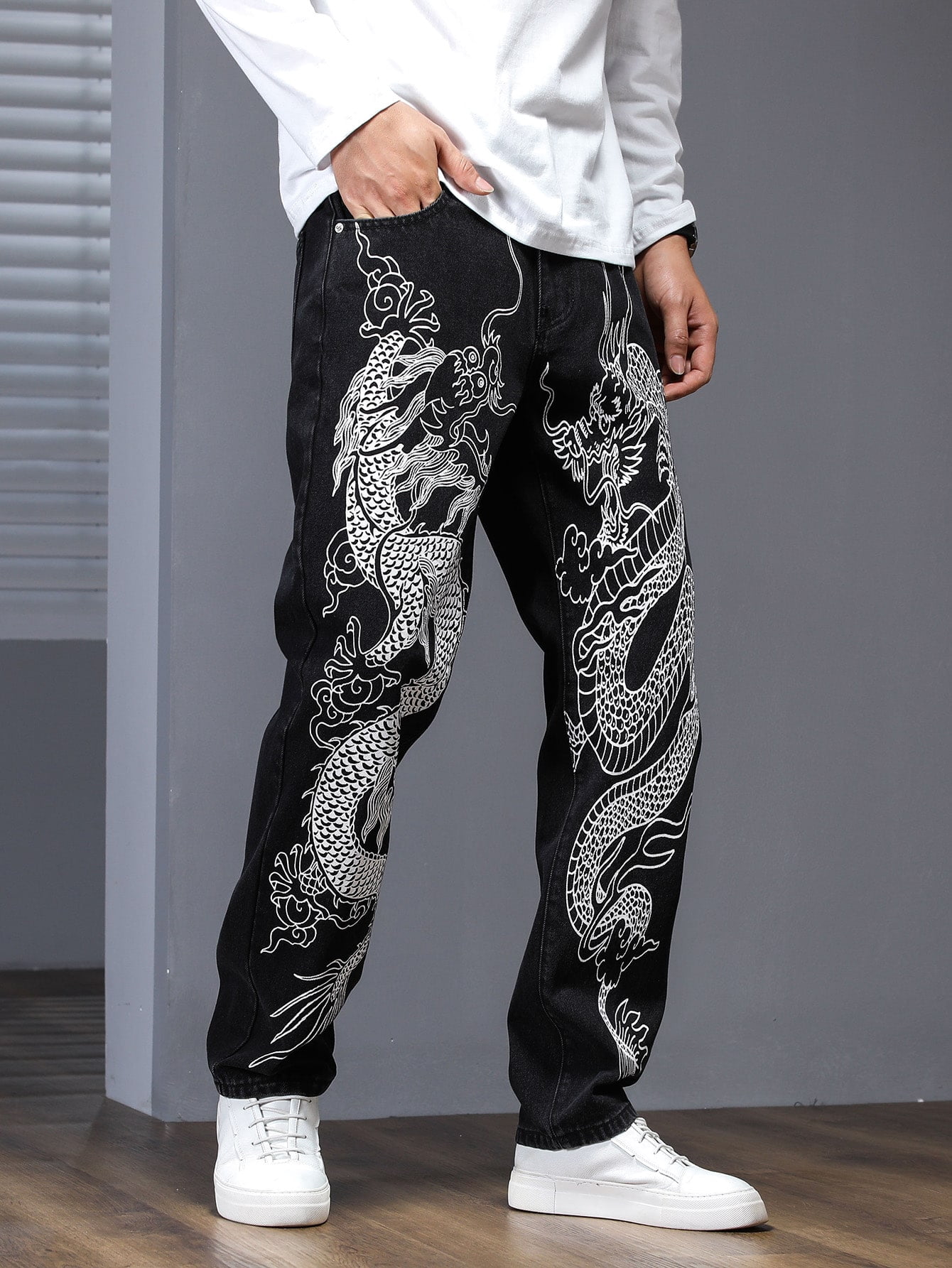 Black Men Chinese Dragon Print Jeans L 