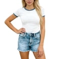 thumbnail image 5 of Dvprdro Womens Short Sleeve Tops Round Neck Fitted Blouses Denim Print Patchwork Solid Casual Summer Shirts, 5 of 6
