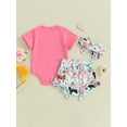 thumbnail image 5 of FEORJGP Infant Baby Girl Summer Shorts Set Newborn 3M 6M 12M 18M Short Sleeve Romper Letter Print Jumpsuit Crew Neck Bodysuit Graphic T-shirt with Anin Shorts and Headband Casual Cute Outfit, 5 of 9
