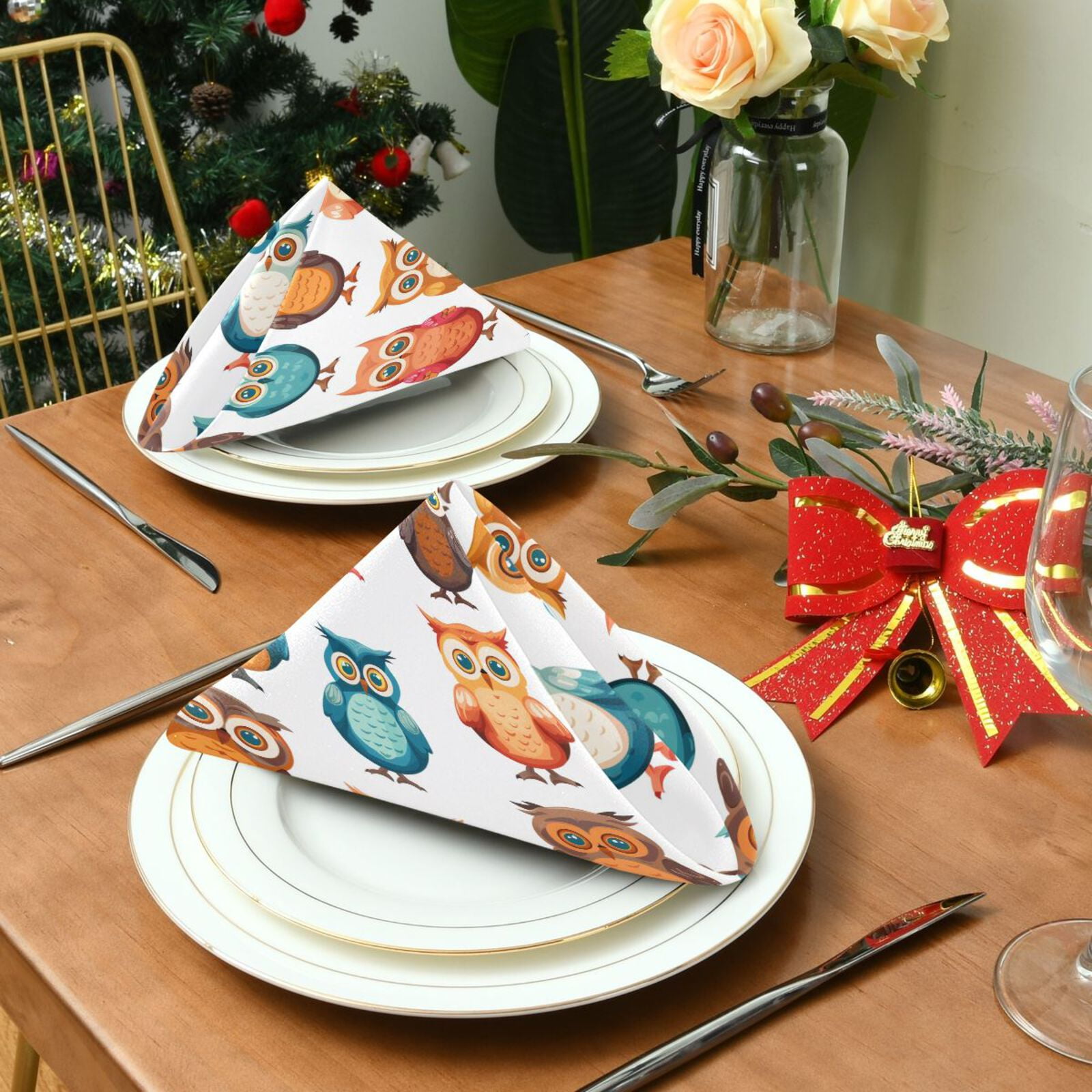 JSTEL Owl Prints Cartoon Cloth Napkins Set of 6, 20x20 Inch Washable and Reusable Napkin for Decoupage Dinner Party Everyday Use