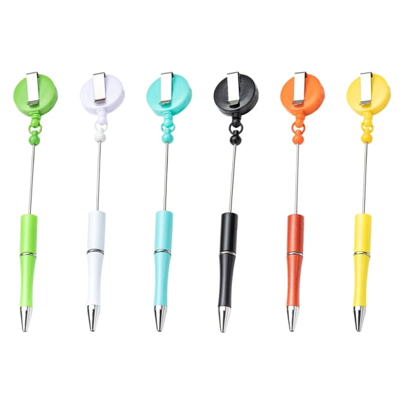 6Pcs Retractable Badge Holder with Beaded Pen for Nurse Doctor Beadable Ballpoint Pen with Badge Reel Clip for