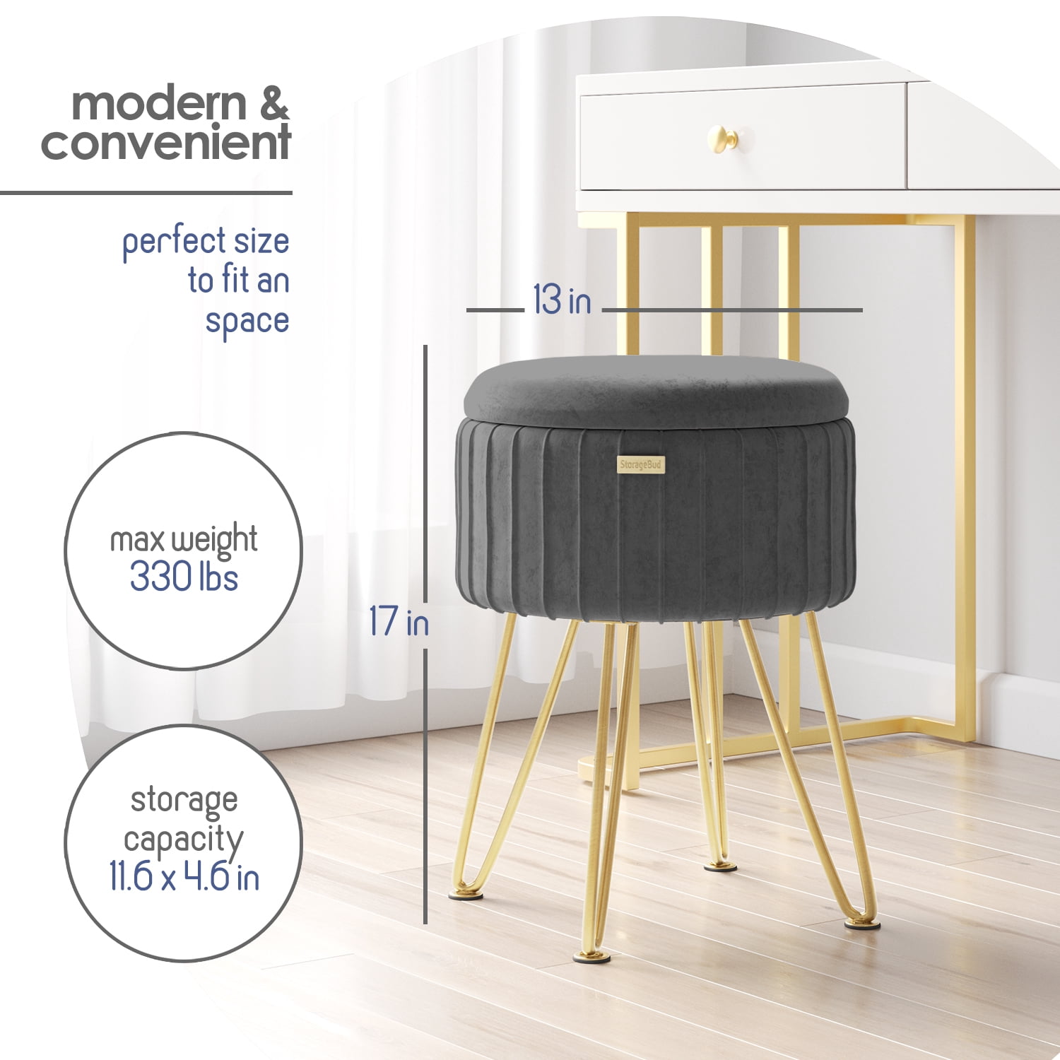 LammaLoe Small Round Ottoman with Storage, Pleated Velvet Ottoman Foot Stool with Lid, Upholstered Vanity Stool for Living Room & Bedroom, Gray