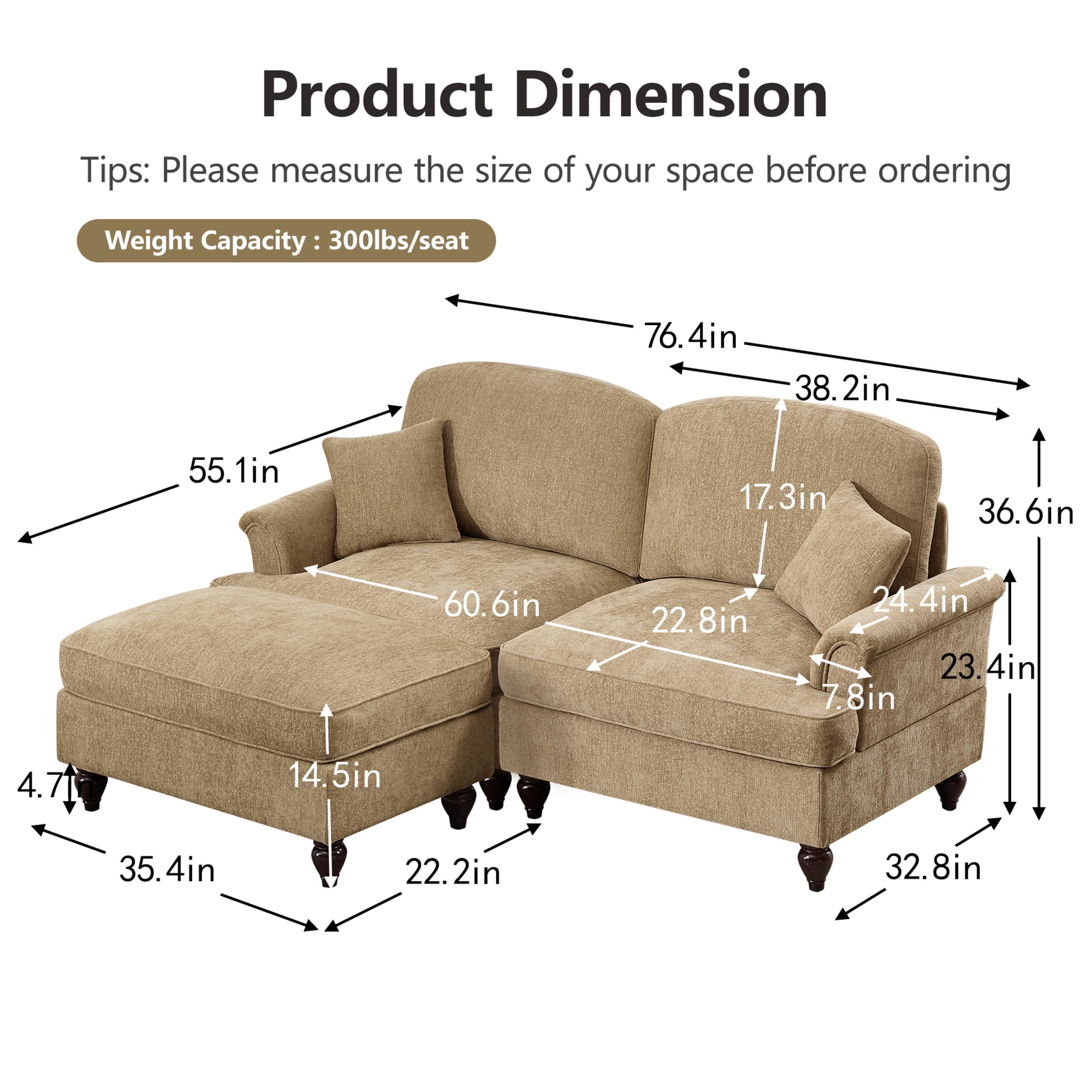 Noble House L-Shaped 2-Seater Sofa with Flared Arms, Removable Pleated Skirt, Spindle Legs, Chenille, Movable Ottoman, Light Coffee