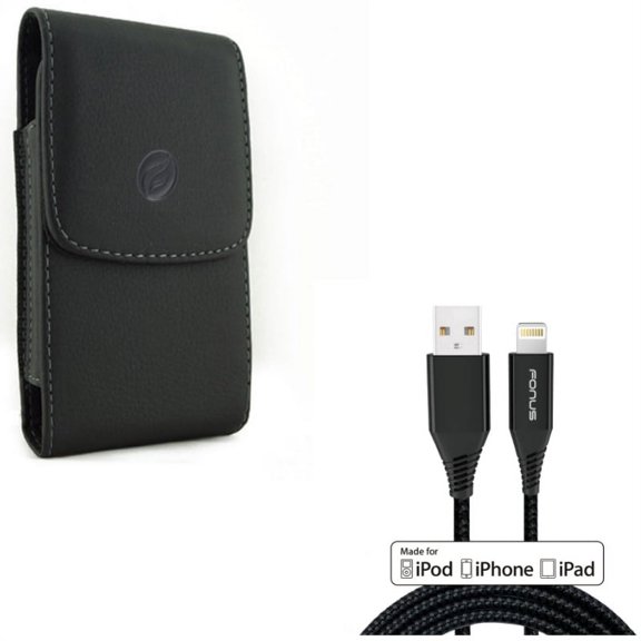 Certified 6ft MFi USB Cable w Leather Case Belt Clip for iPhone XS Max/8 PLUS/7 Plus/6S Plus/6 Plus - Charger Cord Power Wire Braided Long and Holster Cover Pouch Vertical Carry