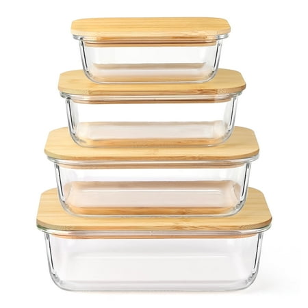 8 pcs glass food storage containers with bamboo lids, meal prep glass containers bento lunch box, safe for microwave, oven, freezer and dishwasher, bpa free