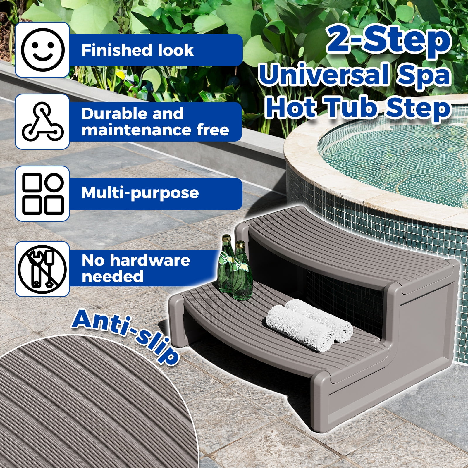 Kojem Spa Step Hot Tub 2-Step Universal Outdoor Indoor Step Stool Pool Ladder Slip Resistant Striped Carbon Gray Plastic