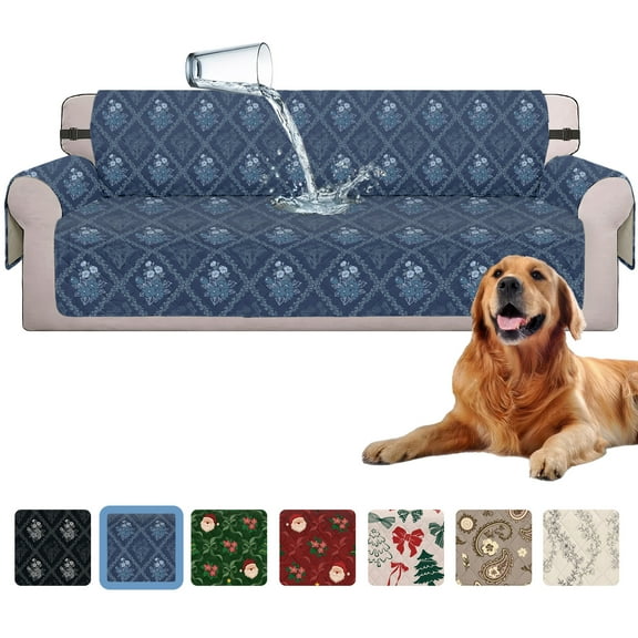 Sanmadrola Waterproof Sofa Cover Slipcover Couch Cover Furniture Protector Machine Washable Non Slip Leakproof with Straps for Dogs Kids Pets Navy Blue Flower Sofa