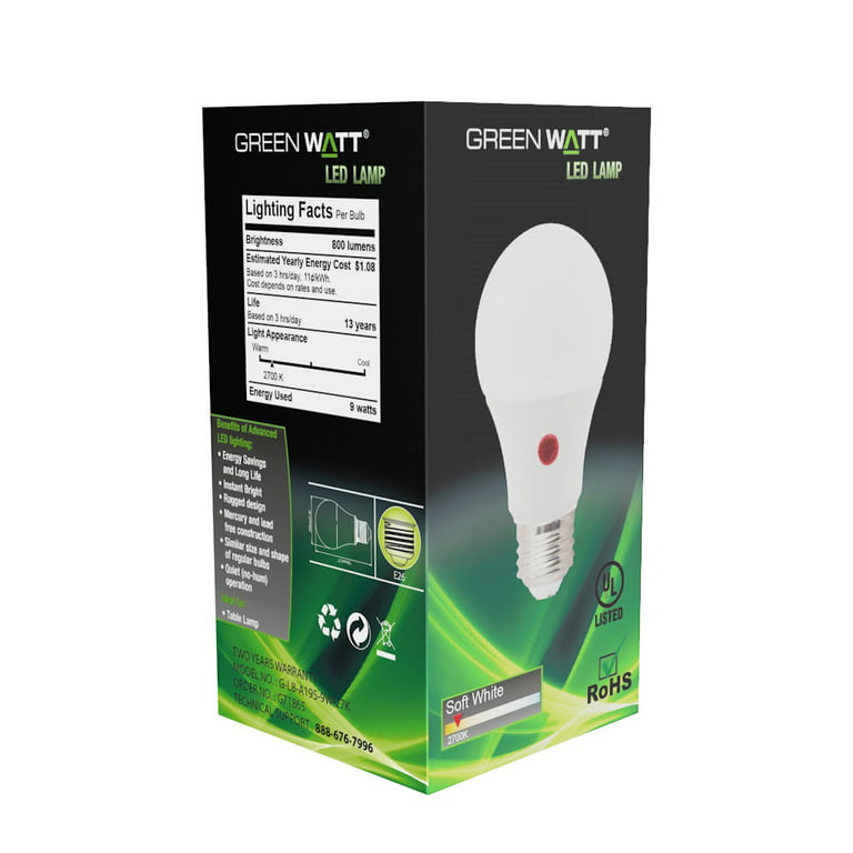GREEN WATT LED Dusk to Dawn Light Sensor Light Bulb, 9 Watts (60W  Equivalent) A19 General Purpose Lamp E26 Medium Base, Energy Star, 2-Pack 