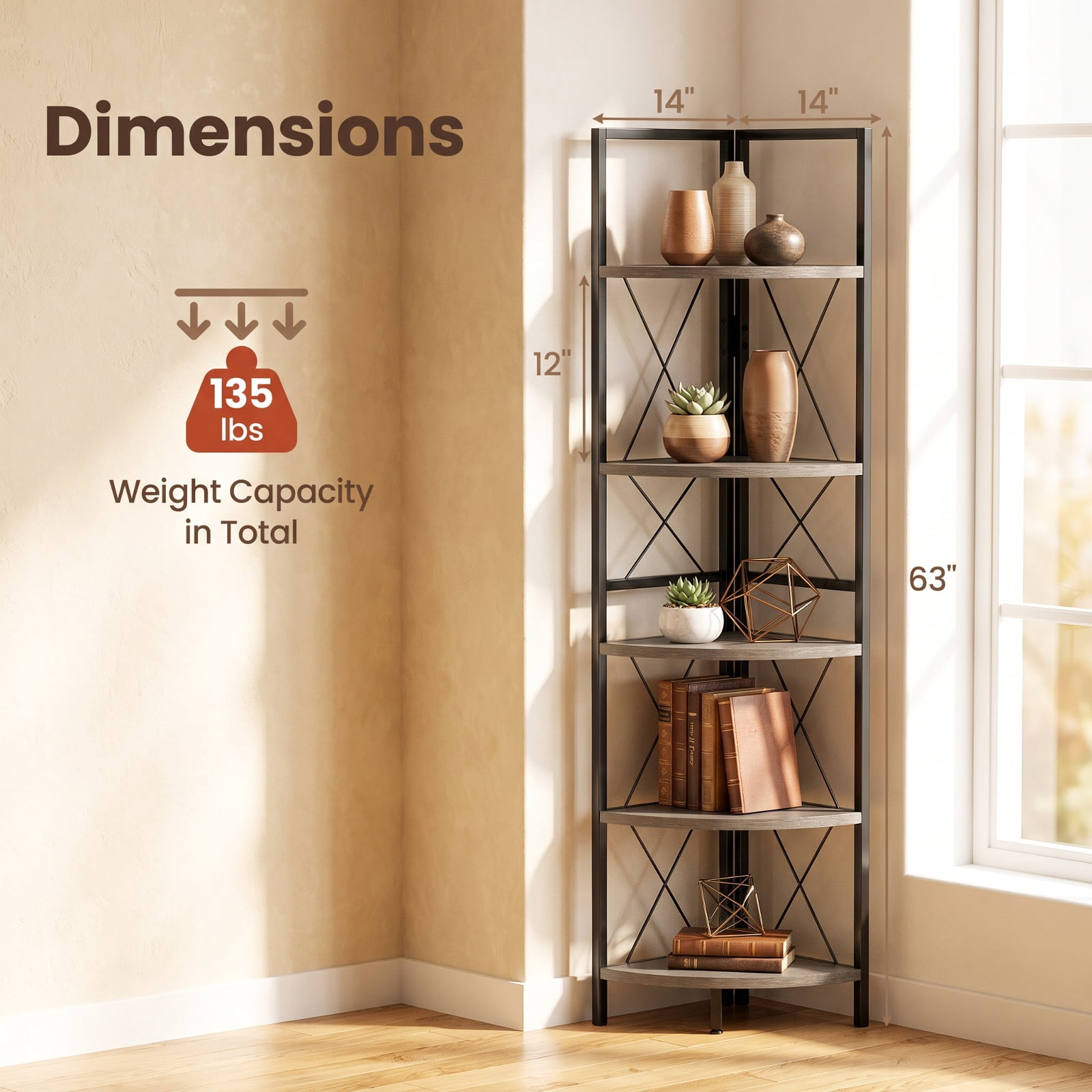 Furnibear 5-Tier Freestanding Corner Shelf 63 Inch Tall Storage Rack for Living Room Home Office Bedroom Display Storage Shelf, Oak