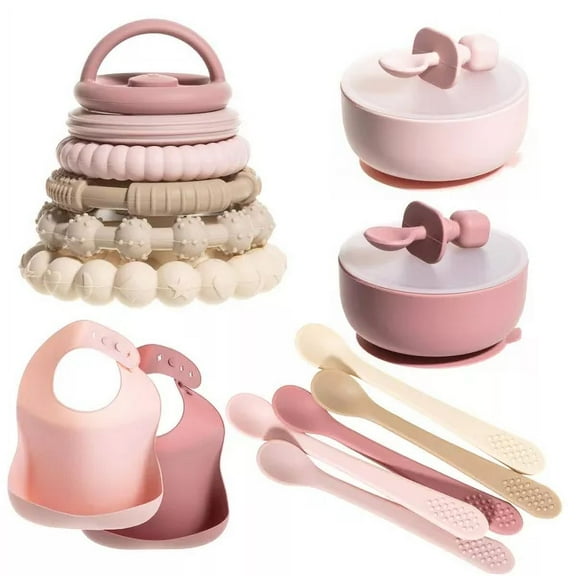 Silicone Baby Essentials Set – Stacking Toy, Feeding Bibs, Suction Bowls with Spoons & First-Stage Spoons – BPA-Free, Safe for Infants & Toddlers, Pink