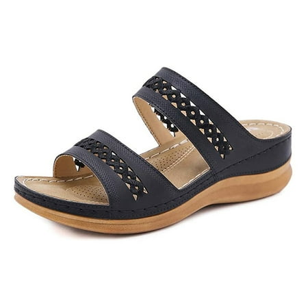 

Women T-Strap Hollow Out Slide Sandals Casual Summer Walking Wedge Sandals Non Slip 39 Black