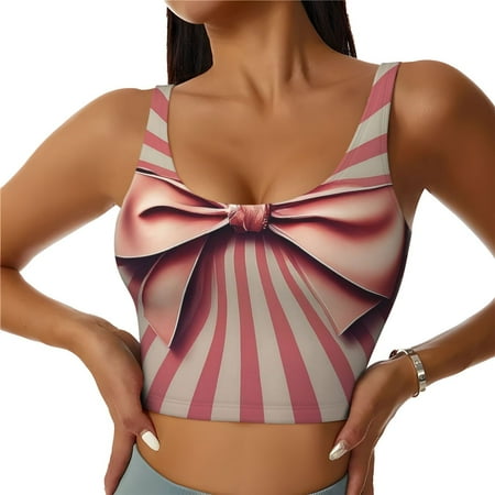Qokaie Retro Bow Pattern Womens Scoop Neck Sports Bra Breathable Workout Vest Padded U Back Medium Impact Fitness Gym Yoga Bra Workout Crop Top-X-Large