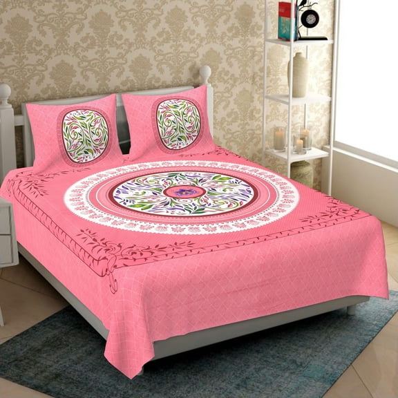 KESAR KUNJ Premium Collection Cotton Multicolor Flower Print Mix Match Bedsheet 144 TC 90x82 inches for Double Bed | King Size bedsheets with 2 Pillow Chain Covers19x27... (Light Pink)