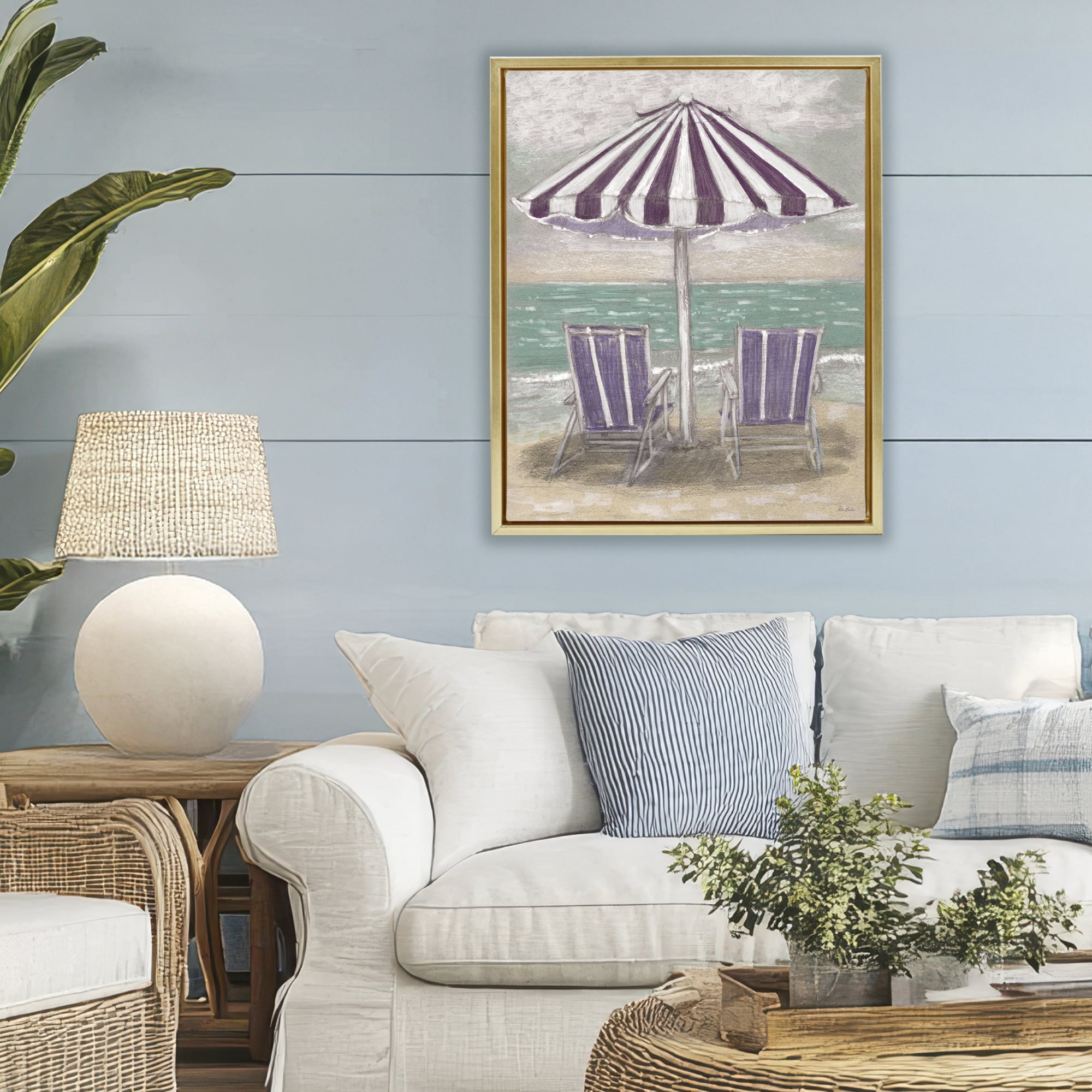Stupell Industries Umbrella & Chairs on Beach Gold Framed Floater Canvas Wall Art, design by Patti Bishop