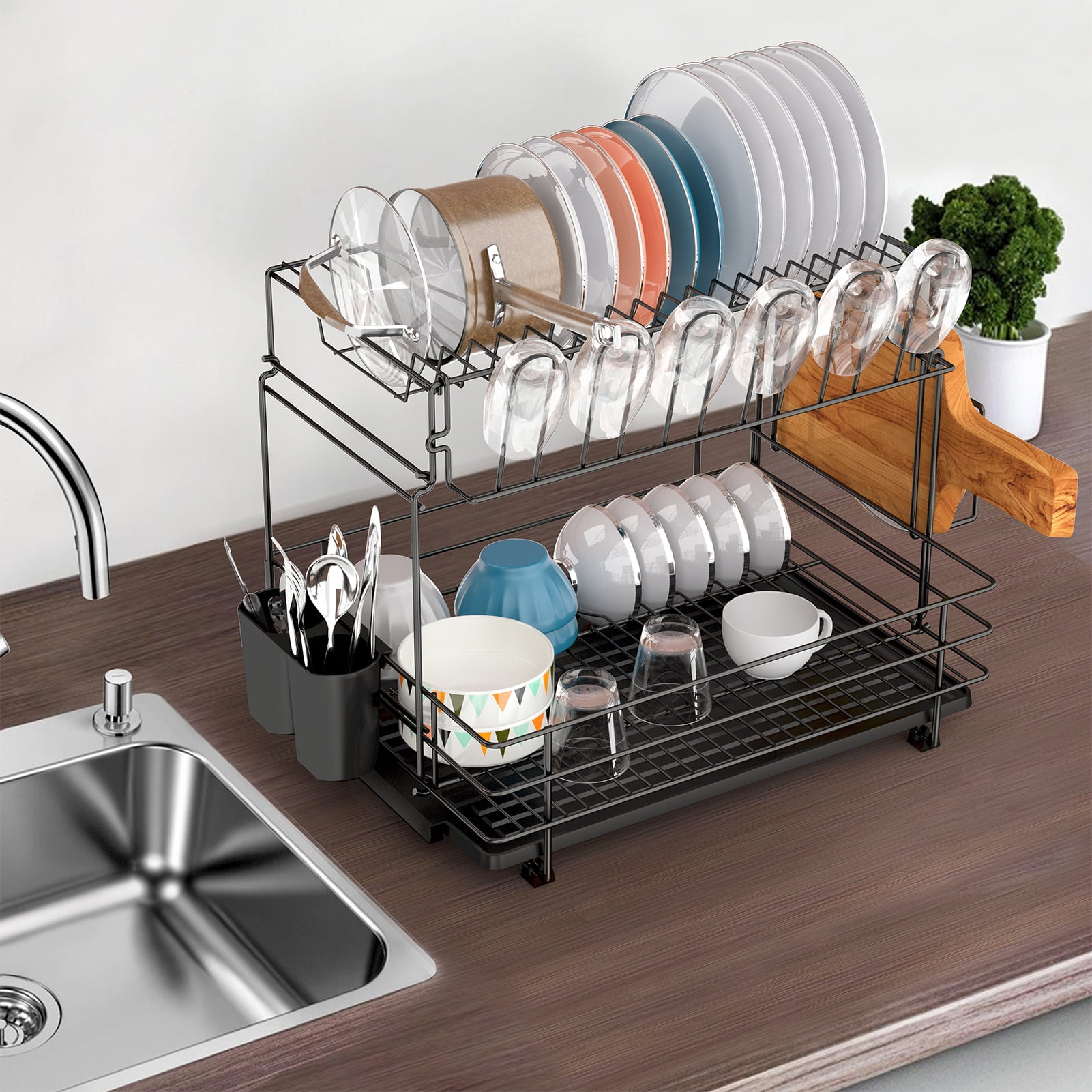 Auledio 2 Tiers Dish Drying Rack with Filter Tray Durable Kitchen Sink Organizer-Black