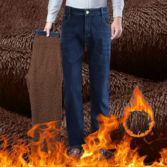 ZHOGXU Mens Jeans High Waist Straight Fit Plush Thickened Warm Stretch Denim Pants Trousers For Casual Daily Wear Blue 30