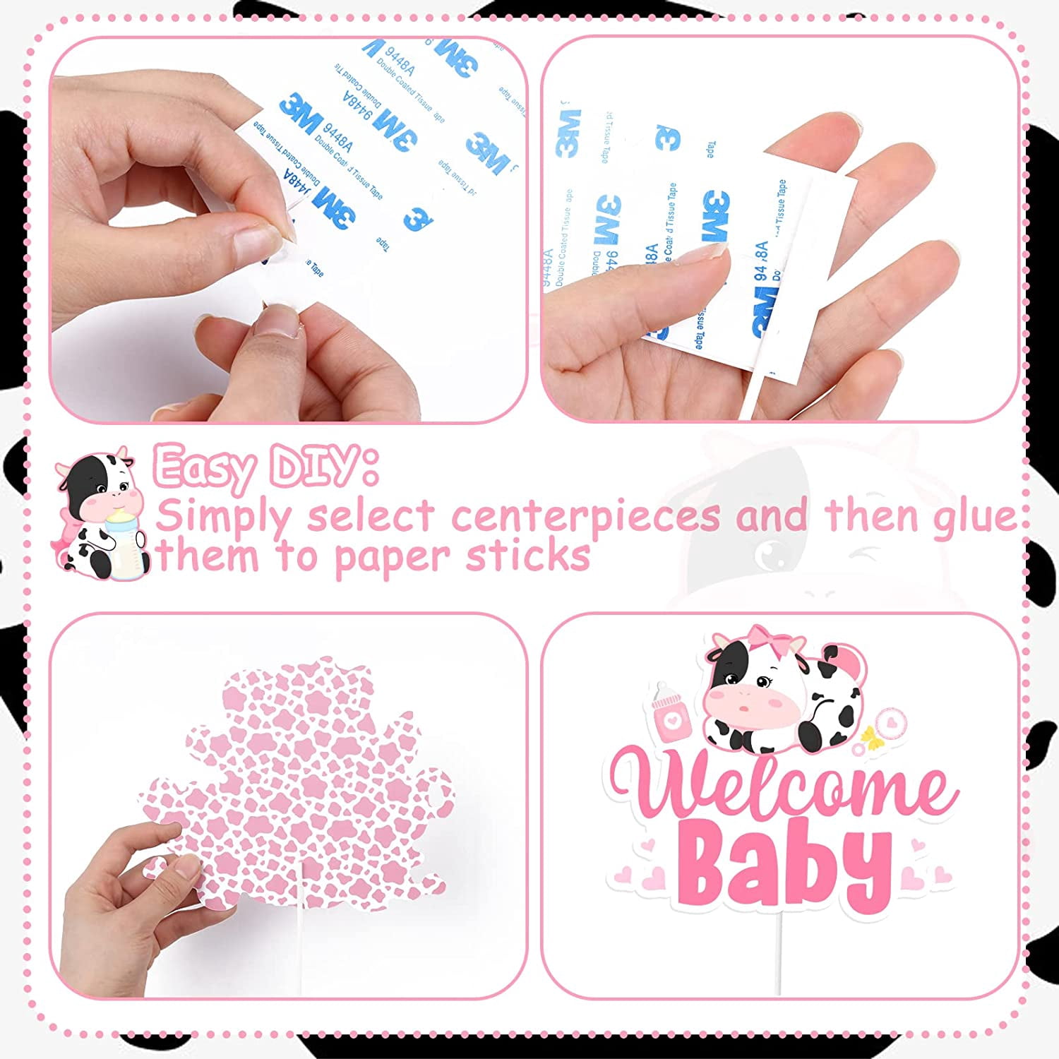 24 Pieces Cow Centerpieces for Tables Baby Shower, Cow Theme Table Toppers, Cow Baby Shower Centerpieces Decorations Girl for Farm Animal Birthday Party Supplies