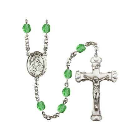 - St. Ann Silver-Plated Rosary 6mm August Green Fire Polished Beads Crucifix Size 1 5/8 x 1 medal charm