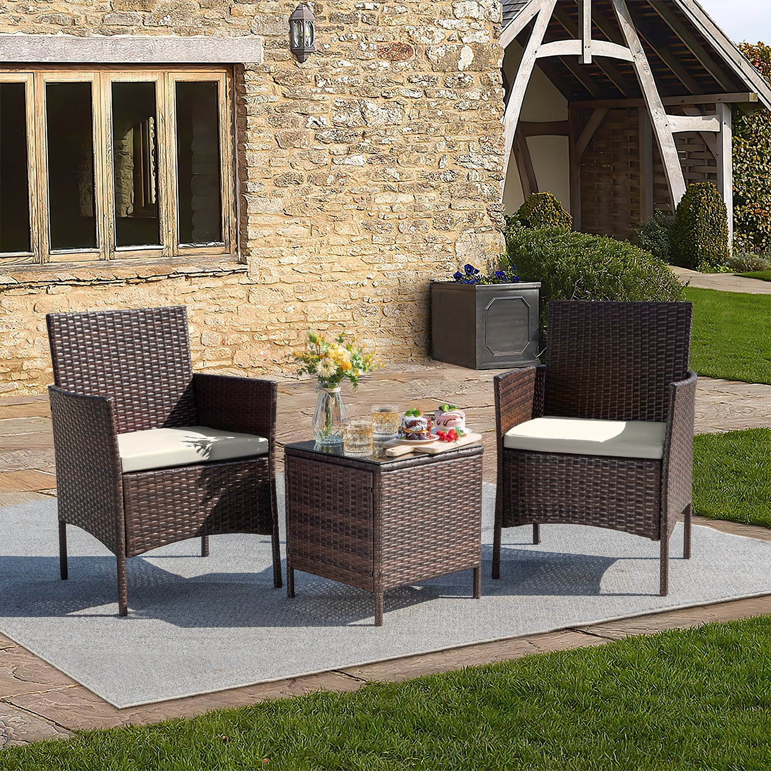 Homall 3 Pieces Patio Furniture Set Outdoor PE Rattan Wicker Patio Conversation Set Bistro Set with Tempered Glass and Cushioned Chairs, Brown/Beige