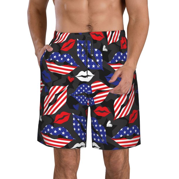 Balery American With Lips Traje de Baño Estilo Hawaiano para Hombre, Shorts de Secado Rápido con Bolsillos-Small