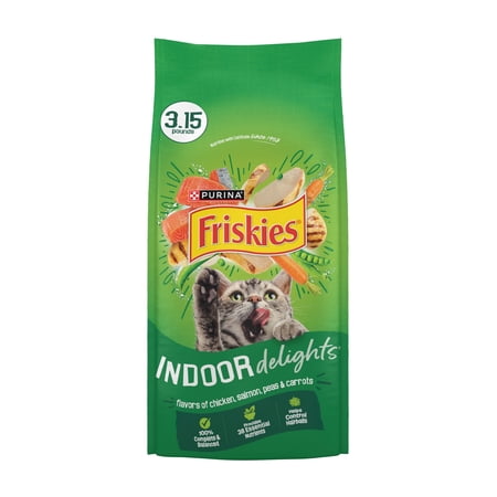 Purina Friskies Indoor Delights Dry Cat Food Flavors of Chicken, Salmon, Peas, and Carrots, 3.15 lb Bag