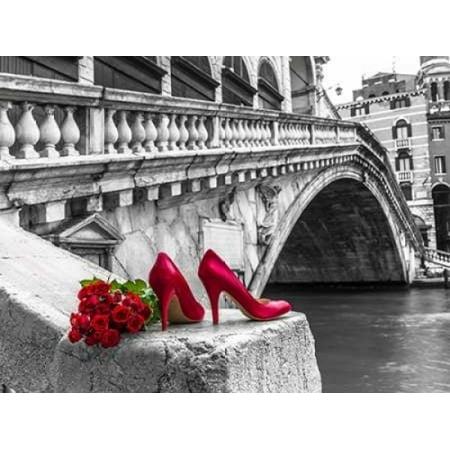 Sports Posted Heel - Bunch of red roses and red high heel shoes Rialto Bridge Venice Italy Poster Print by Assaf Frank
