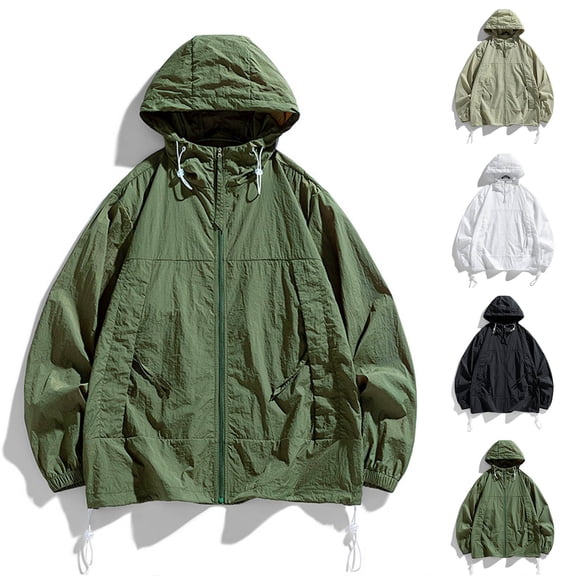 Xfvqtps Mens Light Jacket Sun Protection Hoodie Drawstring Long Sleeve Zip up Hidden Pocket Solid Color Fishing Hiking Athletic Running Lightweight Breathable Waterproof Summer Top White