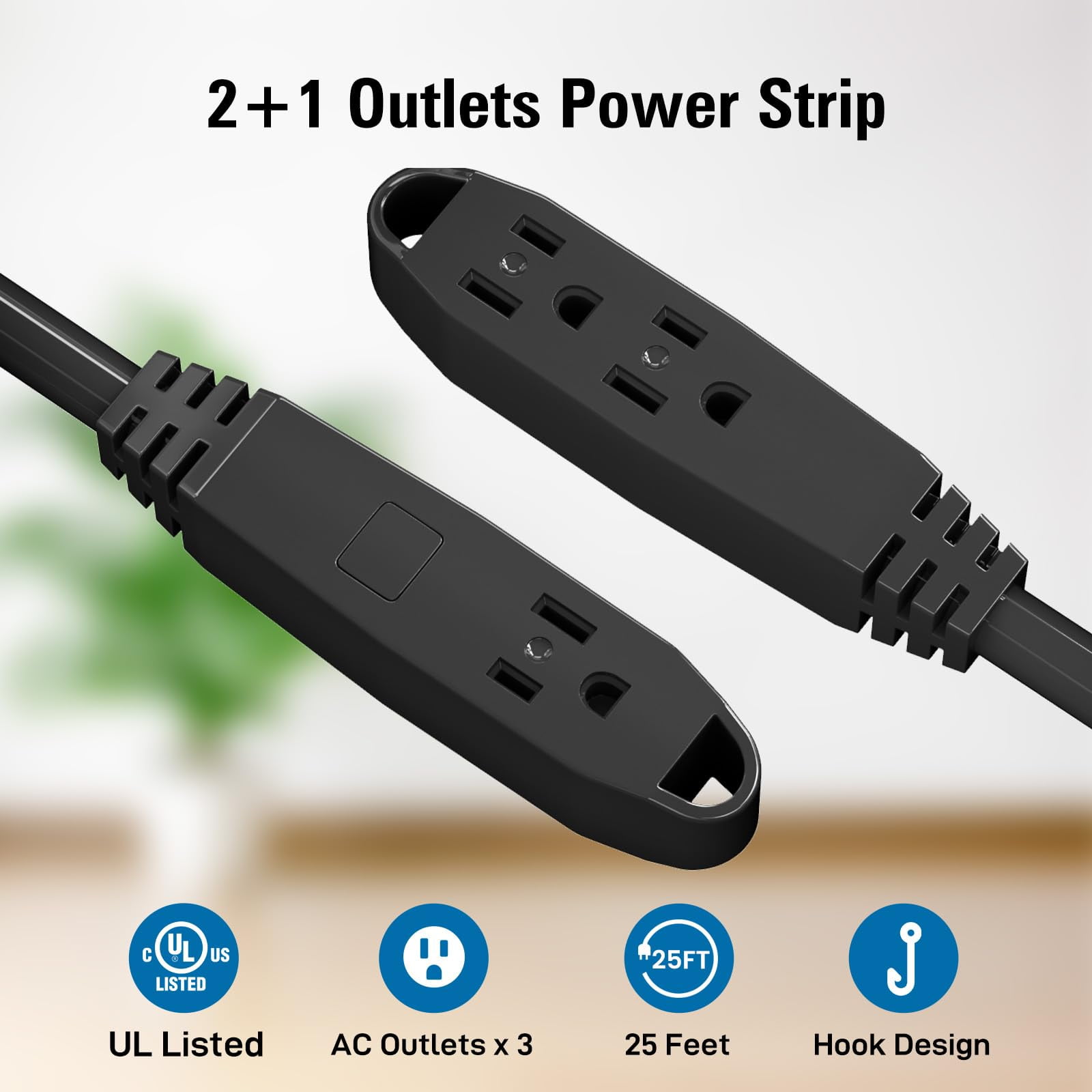 K KASONIC 25 FT Extension Cord with Flat Plug, 16/3 Awg 3 Prong Grounded Power Cable with 13A 125V 1625W, Multi-Outlet Indoor/Outdoor Use, UL Listed, Black