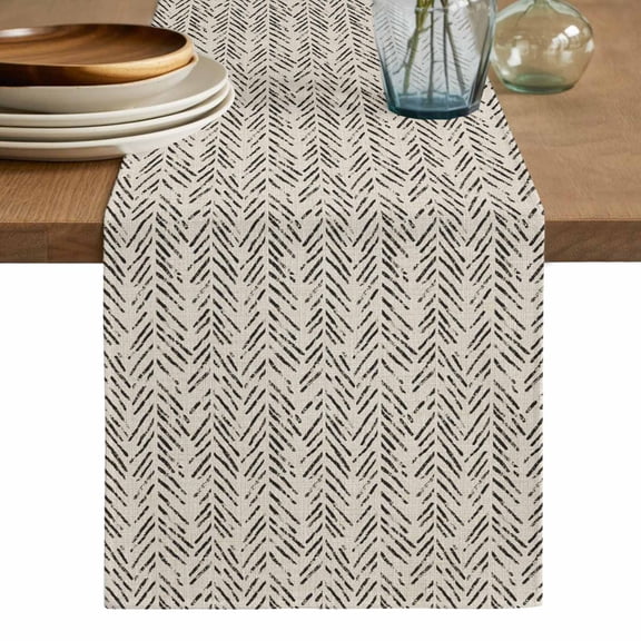 Beige Black Striped Table Runner, Abstract Modern Art Irregular Stripe Washable Cotton Linen Table Runners 36 Inches Long, Dresser Scarf Runner for Nightstand/End Tables/Round Tables 13''x36''