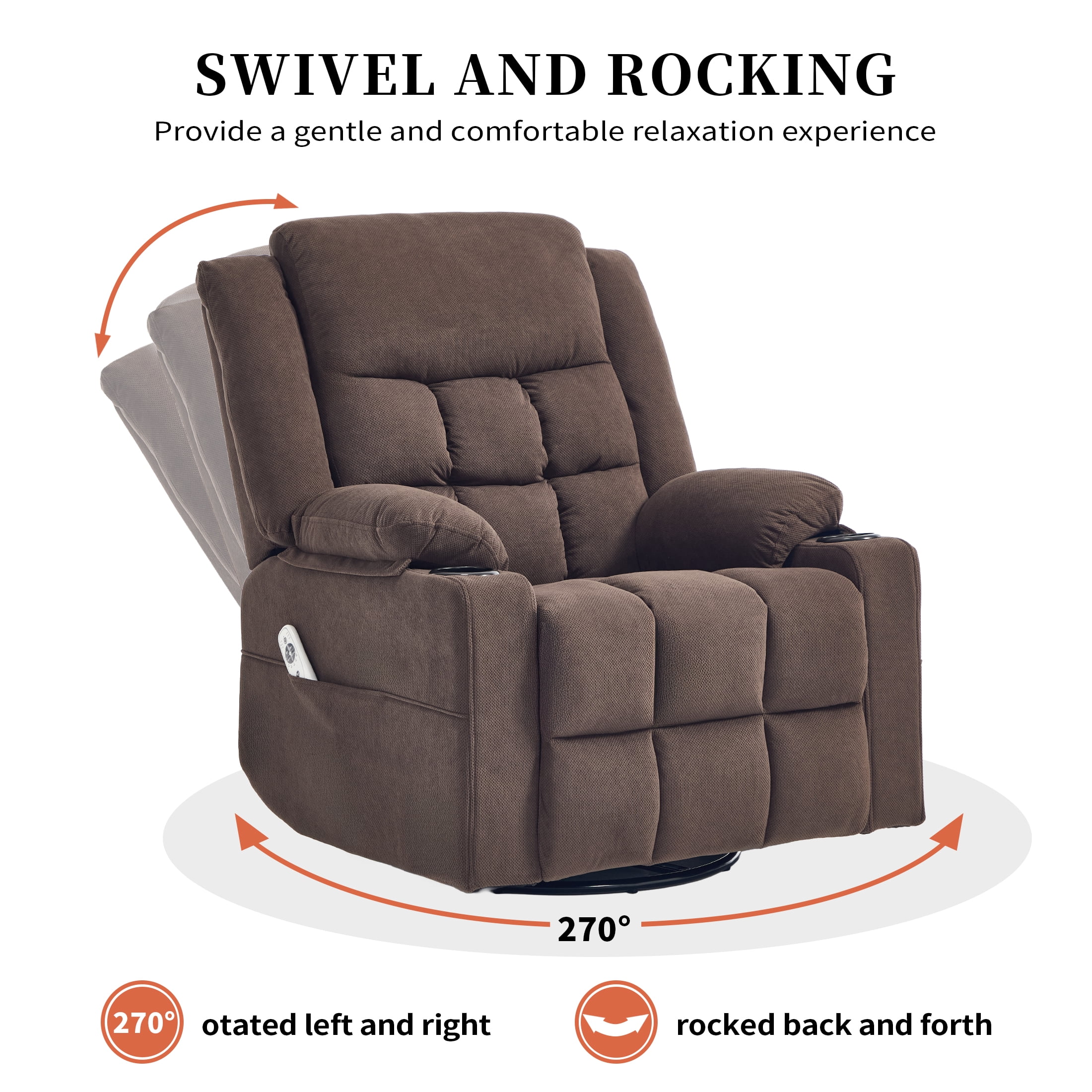 Swivel Rocker Recliner Chair for Adults with Massage and Heat, Cup Holders and Side Pockets, Glider Rocking Reclining Single Sofa Chair for Living Room (Cocoa)