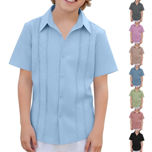 HAOTAGS Boys Button-Up Shirts, Solid Cotton-Linen Lace Trim Short-Sleeve Turn-Down Collar Casual Tops Blue Size 10