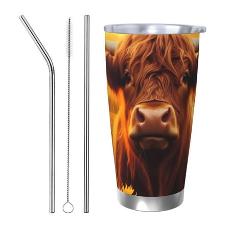 

Uemuo Vintage Sunflower Cow A Print Travel Coffee Mug 20oz Double-walled Car Cup Stainless Steel Insulated Tumbler Leak-proof Travel Cup Reusable Straw Car Cup-Straw Three-piece Set