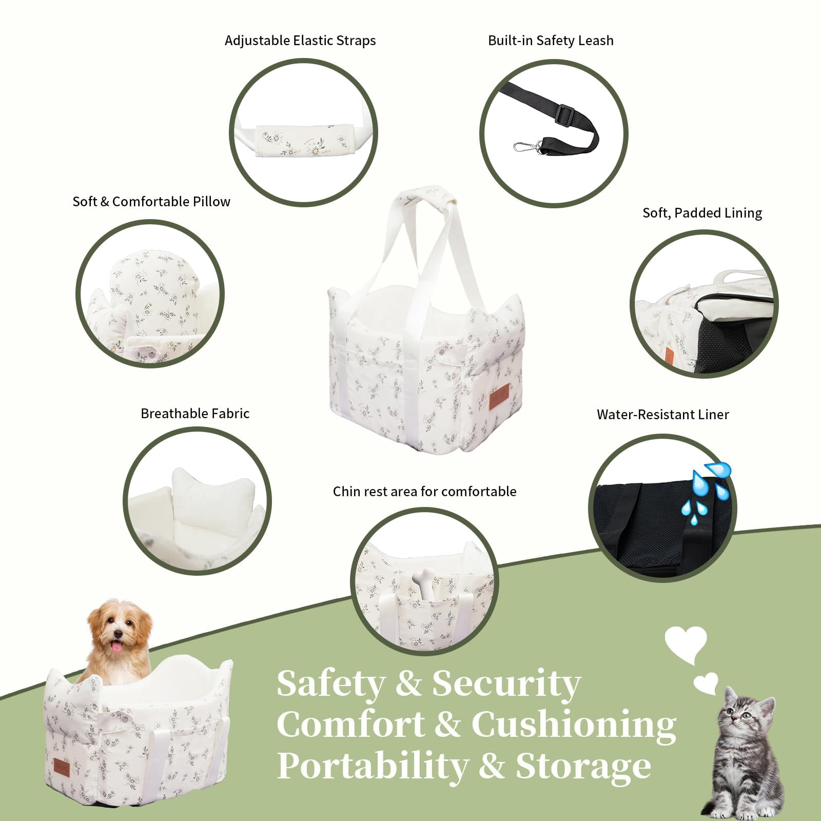 Center Console Dog Car Seat For Small Dogs - Portable Puppy Booster Armrest Carseat  Anti-collapse Comfort Travel With Washable Fluffy Cushion & Pillow Fits Up To 15 Lbs (off White)