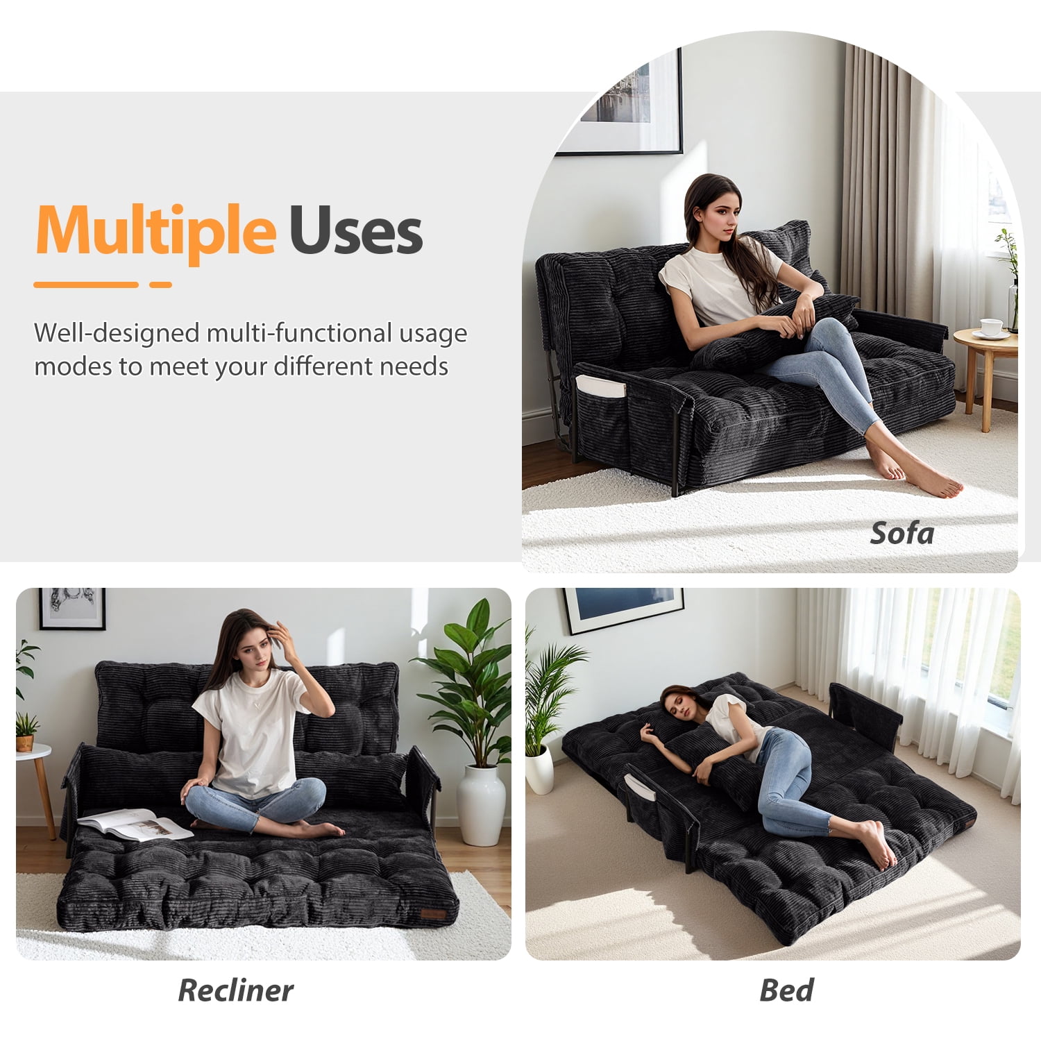 GOODONE Convertible Floor Sofa,Bean Bag Sofa with Pillows,Multifunctional Lazy Sofa with Pillows,Adult Reading Chair,Suitable for Bedroom or Living Room,Black,Loveseat