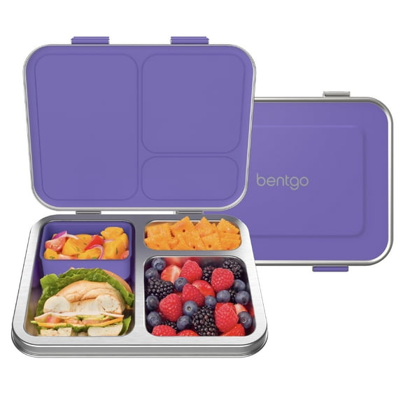 Bentgo Kids Stainless Steel Leak-Resistant Lunch Box - 3-Compartments with Bonus Silicone Container, Durable, Eco-Friendly, Dishwasher Safe, BPA-Free, Ideal for School, Ages 3  (Purple)