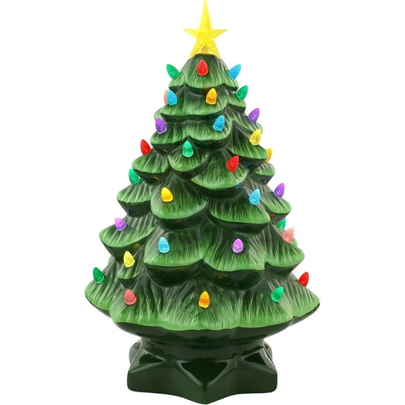 Nostalgic Ceramic Christmas Tree with LED Lights Indoor Decoration, 12 Inches, Green
