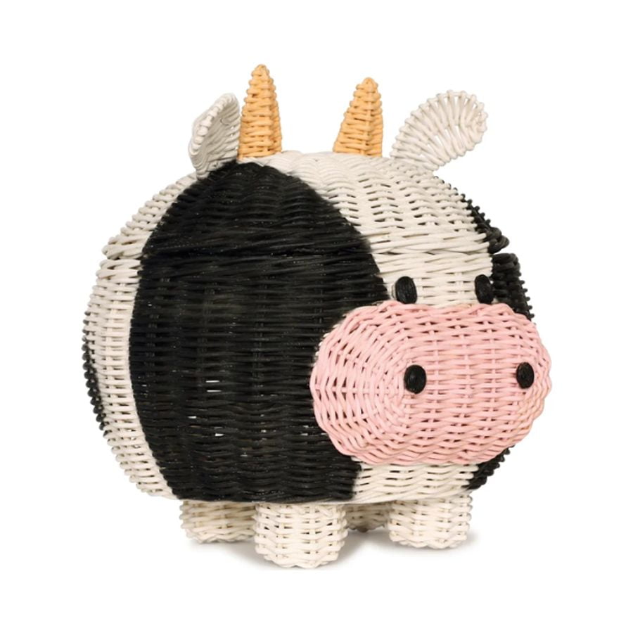 Cow Rattan Storage Basket with Lid Decorative Bin Home Decor Hand Woven Shelf Organizer Cute Handmade Handcrafted Gift Art Decoration Artwork Wicker