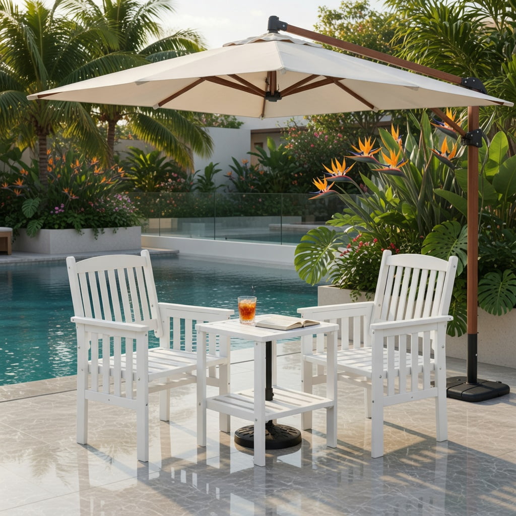 Hommoo Outdoor Fir Wood Loveseat Set with 2-Tier Side Table & 1.96-Inch Umbrella Hole, White