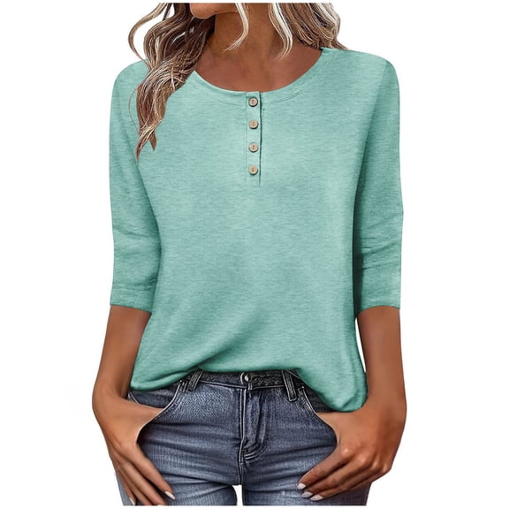 Tbopshirt Blouses for Women Dressy Casual Womens Summer Tops Solid Color Casual Button Round Neck Three Quarter Sleeve 3/4 Sleeve T-shirt Loose,Mint Green