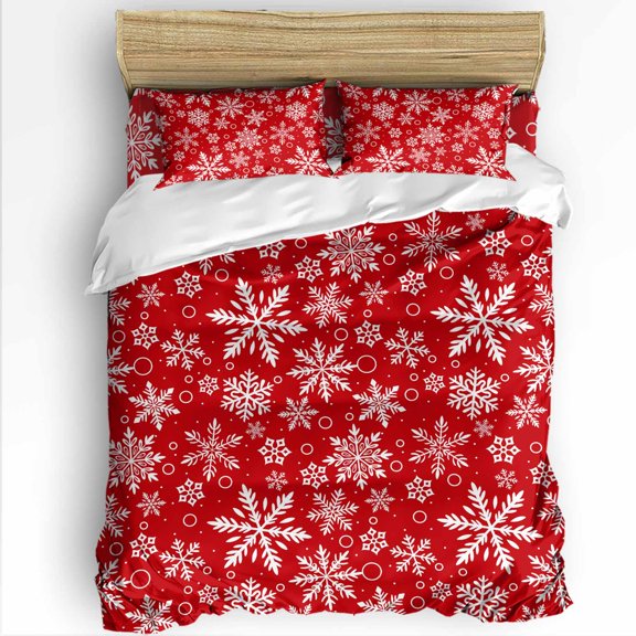 Christmas Snowflowers King Size Comforter Set, Winter White Red Retro Decoration Soft Bedding for All Seasons, 4 Pcs Bed Set with 1Comforter (90"x106") ,1 Sheet(94"x116"), 2 Pillowcases (19"x35")