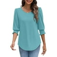 thumbnail image 6 of bbyeadc Womens Summer T-Shirts 2025 Round Neck Puff Cuff Pleated Shirts Three Quarter Sleeve Dressy Casual Loose Fit Trendy T-Shirt Blouses Summer Solid Business Tshirts Clothes, Cyan 2XL, 6 of 7