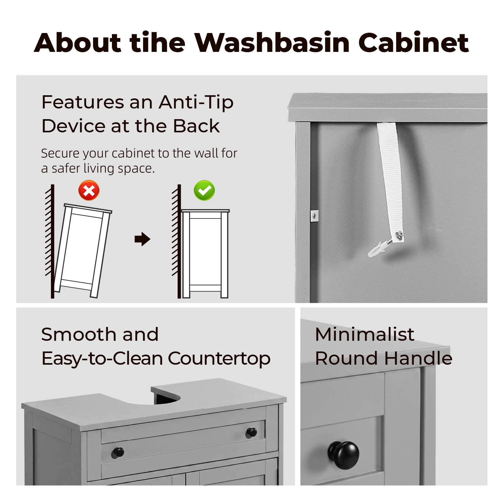 1-Drawer 2-Door Bathroom Vanity Bathroom Cabinet Washbasin Not Included, Grey 23.62*11.81*23.62in