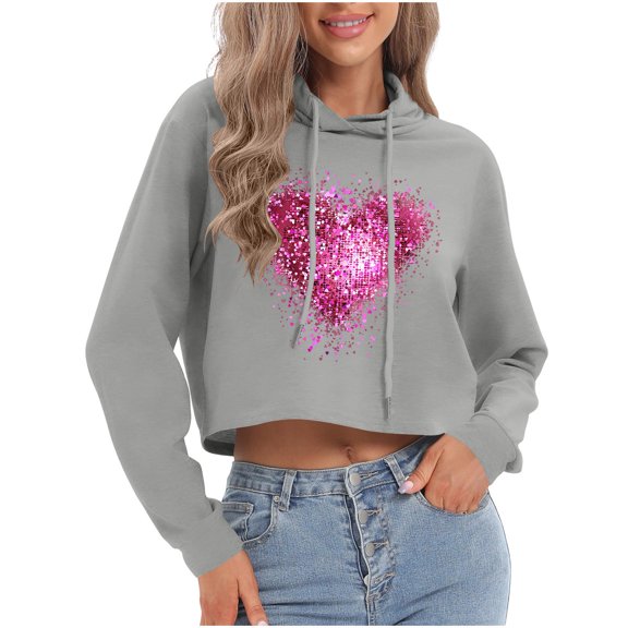 qucoqpe Valentine's Day Women's Sweatshirt Fashion Love Heart Printed Crewneck Shirt Tops Casual Long Sleeve Adjustable Drawstring Hoodies