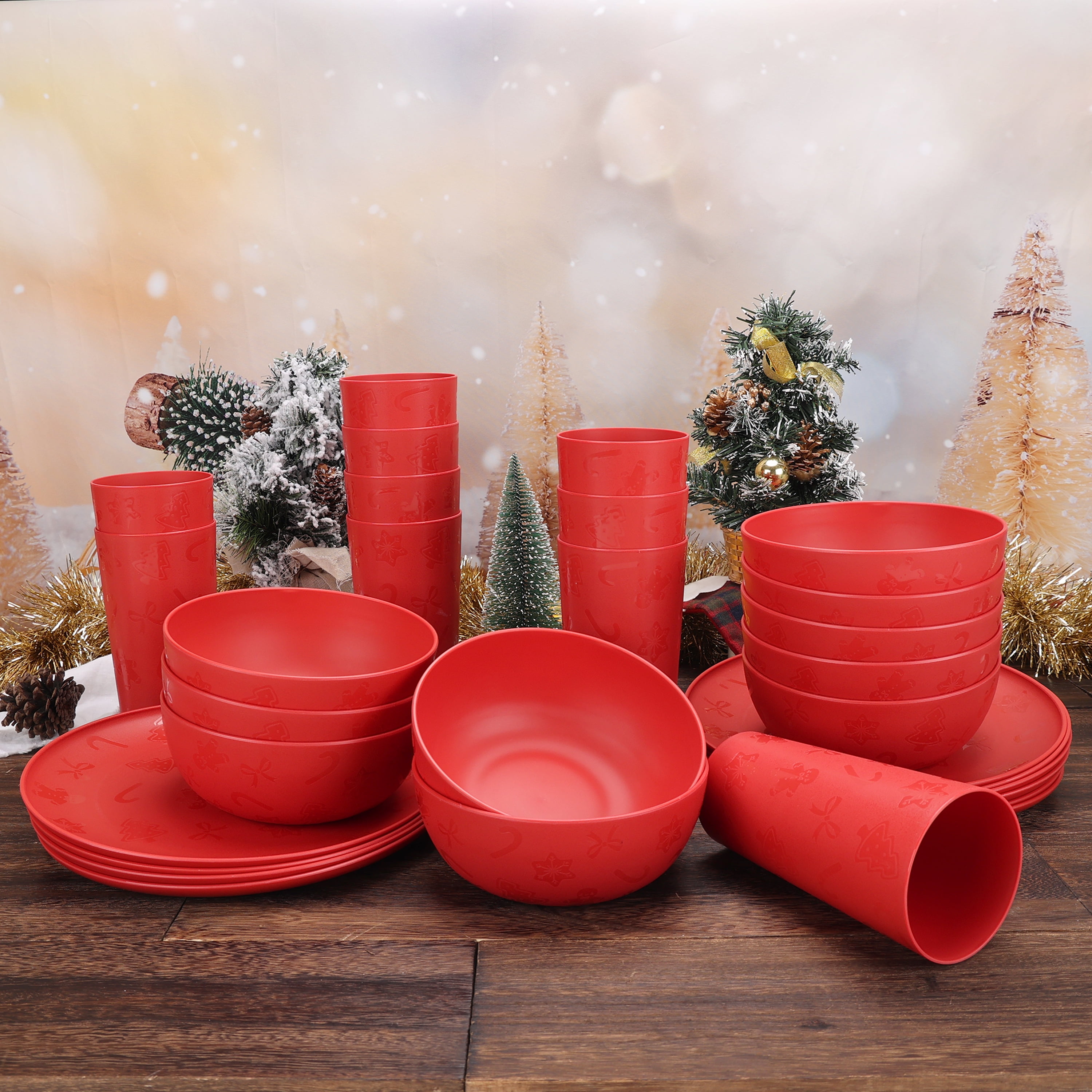 Mainstays Etched Red Holiday 30 Piece Plastic Dinnerware Set with Seasonal Design