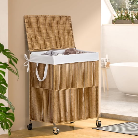 Laundry Hamper with Wheels, Handwoven Rolling Laundry Basket with Lid, Clothes Hamper with Divided Removable Liner Bag, 115L Large Capacity Laundry Sorter Laundry Room Organization, Natural